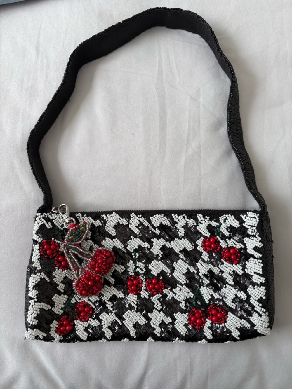 Beaded Black & White Houndstooth Shoulder Bag with Red Cherry Accents